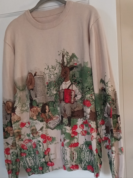 SHEIN Tops - Whimsical Thick Floral Animal Print Sweater in Cream and Red